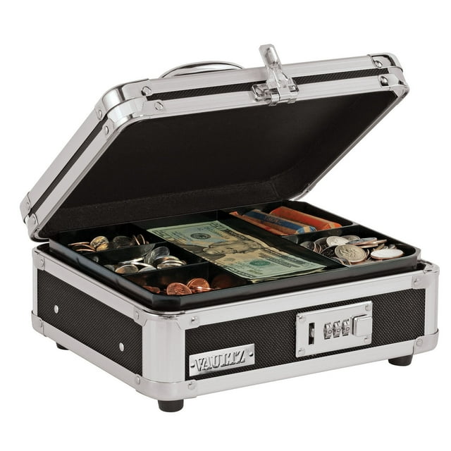 Vaultz Plastic & Steel Cash Box with Tumbler Lock, Black & Chrome