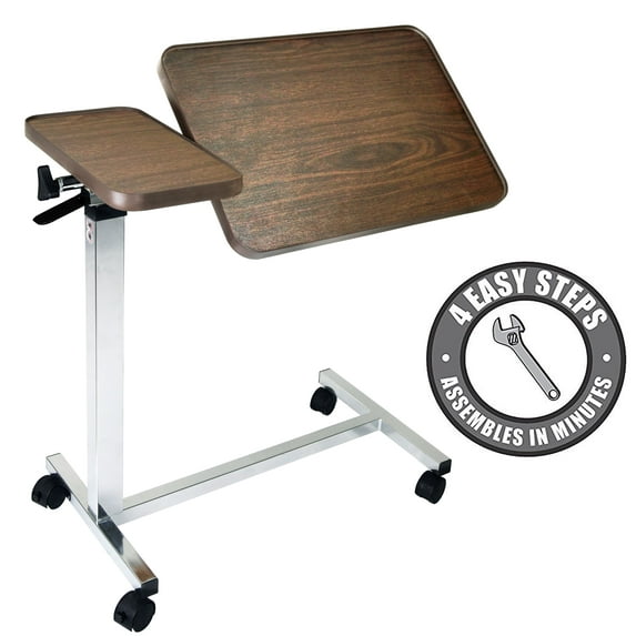 Vaunn Medical Adjustable Tilt Overbed Bedside Table with Wheels for Hospital and Home Use