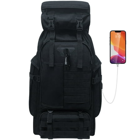 Vaupan 80L Camping Hiking Backpack, Large Military Tactical Backpack with USB Charging Port, Waterproof Travel Daypack with Carabiner Outdoor Molle Rucksack for Men Women (Black)