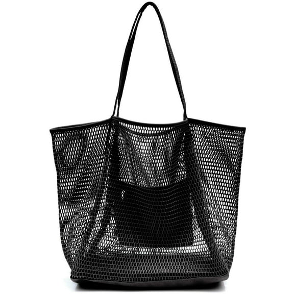 Vaupan Black Mesh Beach Bag, Tote Bag Large Capacity Foldable Mesh Swimming Bag with Pockets Suitable for Beach Picnic Vacation, Lightweight and Durable, Simple Universal for Men and Women