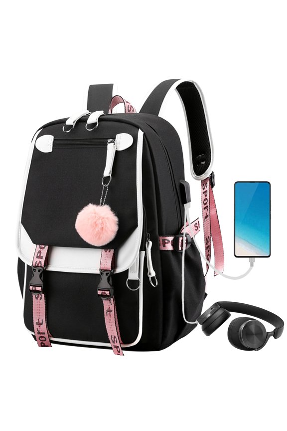 Fashionable Portable Travel Laptop Backpack for Ladies, Water Resistant College School Computer Knapsack with USB Charging Port Fits 13 inches Notebook (Black)