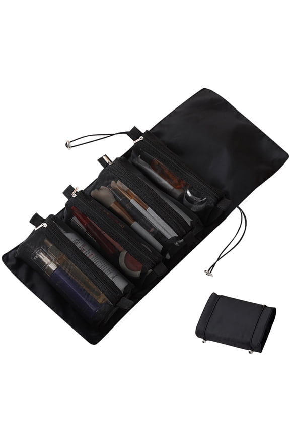 Four in One Cosmetic Bag, Black Travel Bag, Portable Detachable Multifunctional Folding Storage Bag Including Cosmetics, Travel Gadgets Shampoo Toiletries Removable Storage Container (Black)