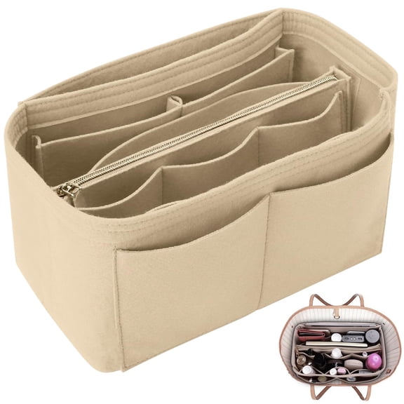 Vaupan Handbag Liner Bag Storage Bag, Felt Insert Bag Organizer with Detachable, Tote Multiple Compartments and Zips, Suitable for Wallet Cosmetic Bag Messenger Bag Internal Storage (Beige)