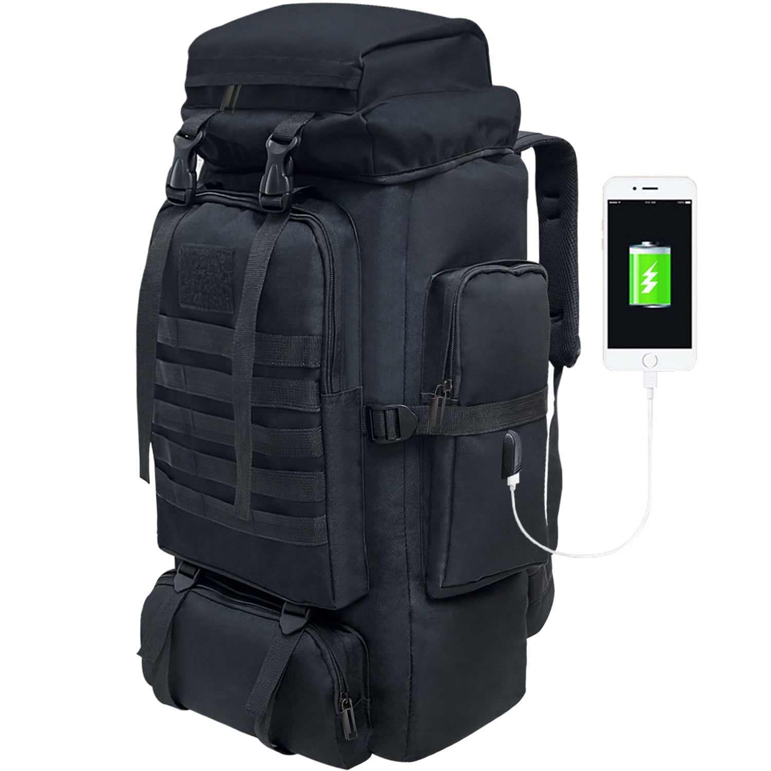 Vaupan Large Capacity Multi-Pocket Frame Hiking Backpack, 80L Camping Backpack with Charging Port, Scratch-Resistant Waterproof Outdoor Sport Travel Daypack Rucksack for Men Women (Black)