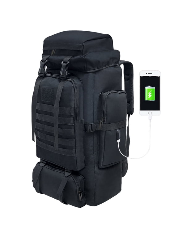Large Capacity Multi-Pocket Frame Hiking Backpack, 80L Camping Backpack with Charging Port, Scratch-Resistant Waterproof Outdoor Sport Travel Daypack Rucksack for Men Women (Black)