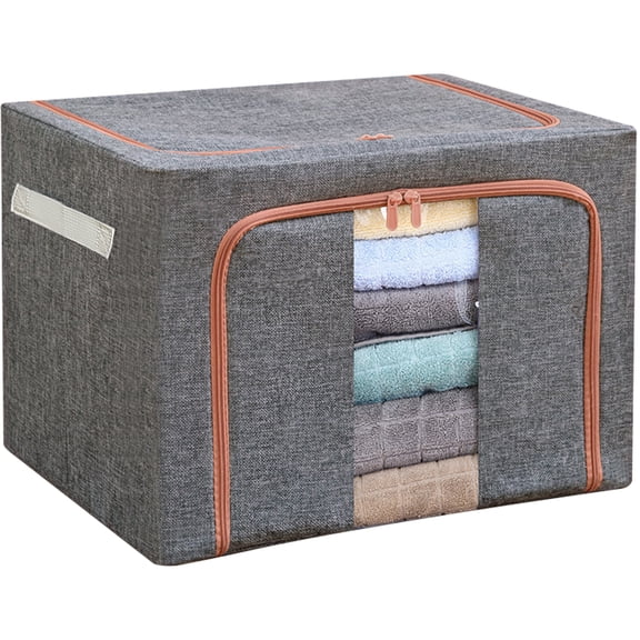 Vaupan Large Organizer Bag Cotton and Linen Storage Bins, Foldable Storage Box with Steel Frame Support, Stackable Box Two Double Zipper Pocket Suitable for Storage Clothes, Towels, Blanket (Grey)