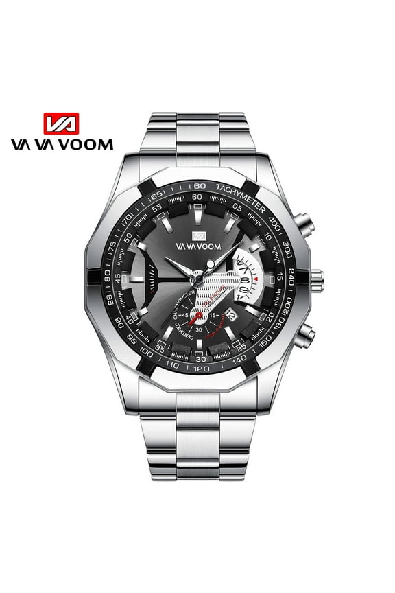 Voom men's watches business fashion luminous black surface silver belt stainless steel calendar 3atm waterproof quartz wristwatches