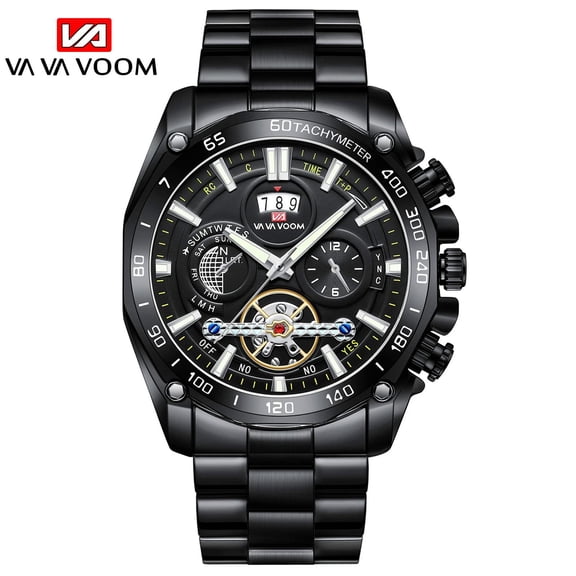Vava Voom men sports watch mechanical style simulation Tourbillon calendar stainless steel waterproof clock black mens quartz wristwatches