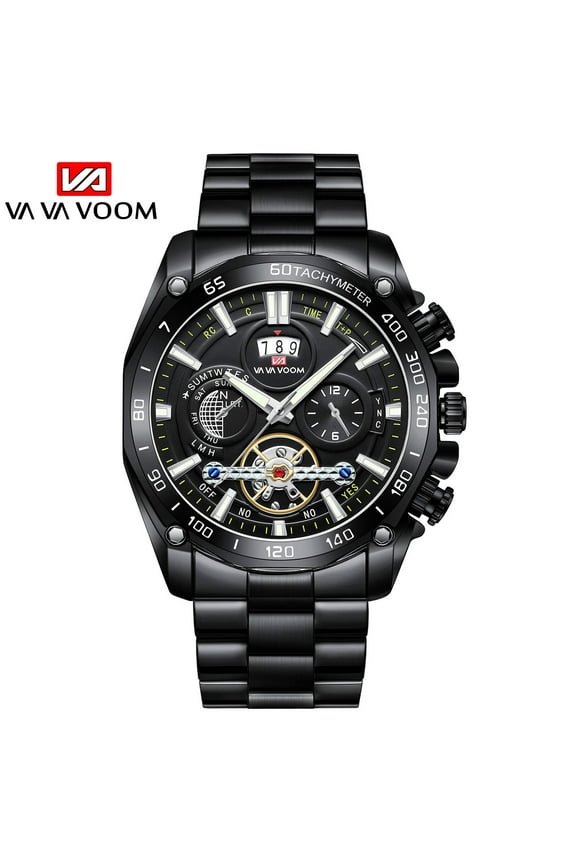 Voom men sports watch mechanical style simulation Tourbillon calendar stainless steel waterproof clock black mens quartz wristwatches