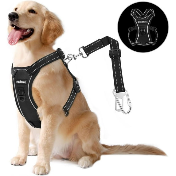 VavoPaw Dog Vehicle Safety Vest Harness, Adjustable Soft Padded Mesh Car Seat Belt Leash Harness with Reflective Strip Travel Strap and Carabiner for Most Cars, L Size, Black
