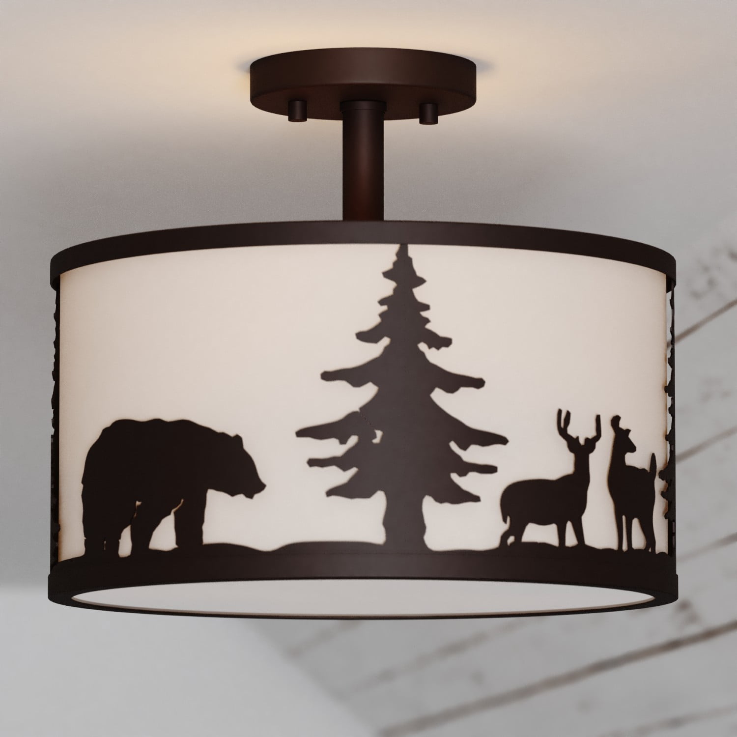 Acadia 13-in W Bronze Rustic Semi Flush Mount Ceiling Light White Linen Deer Tree