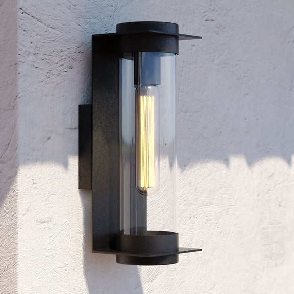 Brighton Park 1 Light 14-in. H Black Contemporary Indoor Outdoor Wall Lantern Fixture with Cylinder Clear Glass