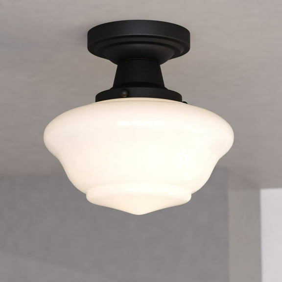 Eastgate 8.75-in W Matte Black Traditional Semi Flush Mount Ceiling Light White Schoolhouse Glass