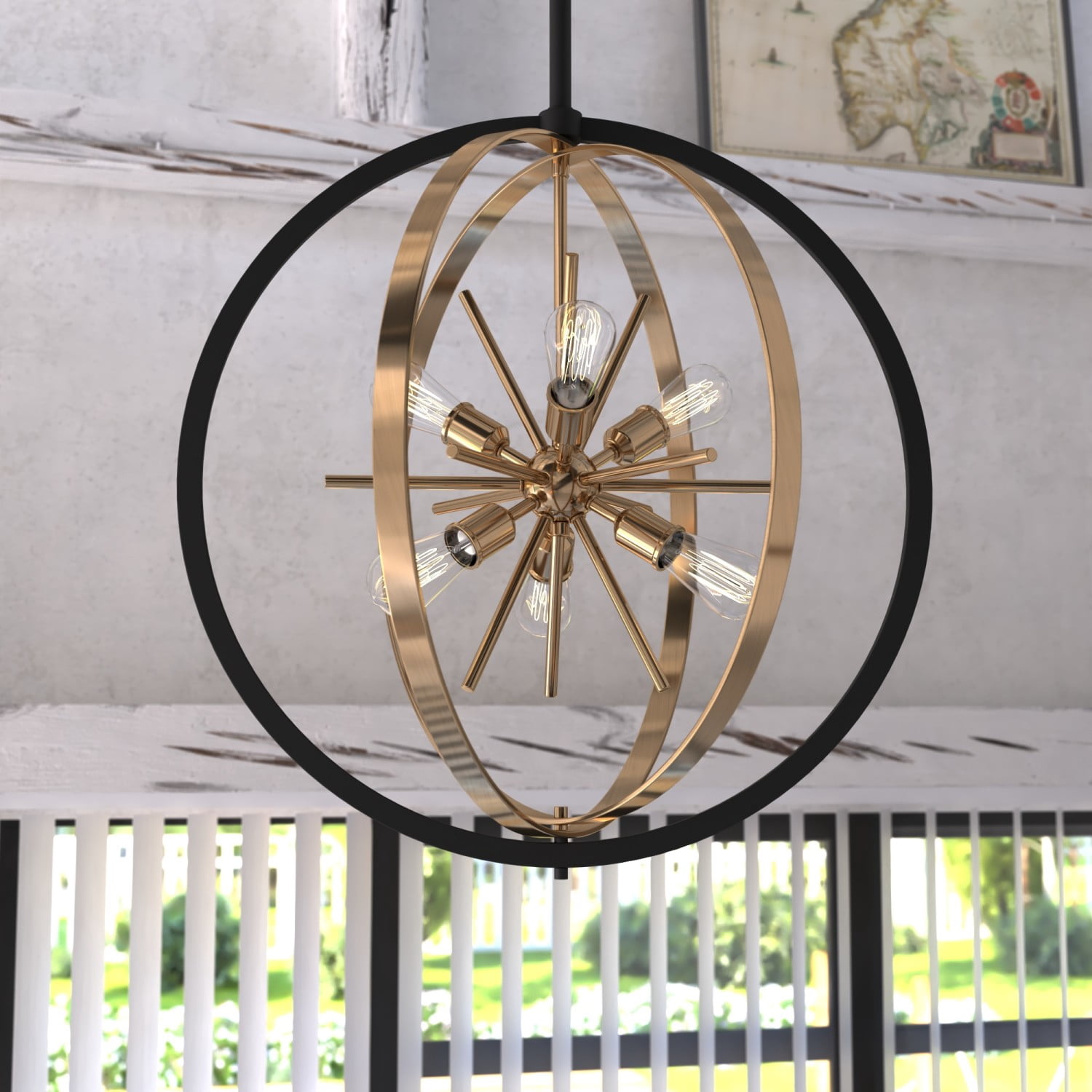 Estelle 26.75-in Brass and Black Mid Century Modern 6 Light Globe Sputnik Hanging Ceiling Pendant Chandelier