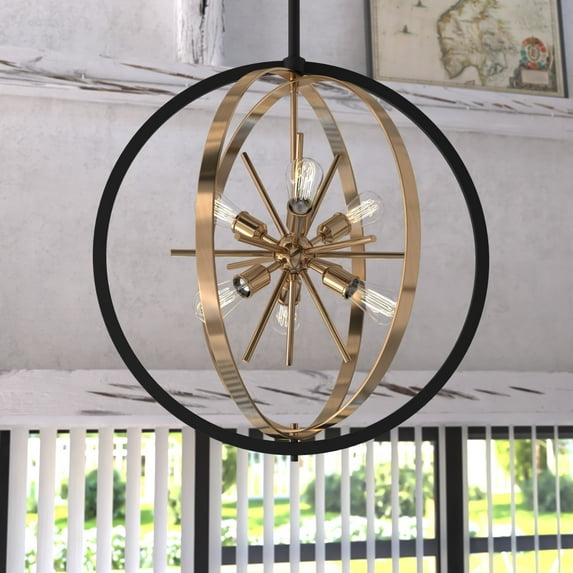 Estelle 26.75-in Brass and Black Mid Century Modern 6 Light Globe Sputnik Hanging Ceiling Pendant Chandelier
