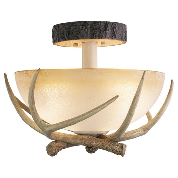 Vaxcel Lodge 16-in W Cream Rustic Antler Bowl Semi Flush Mount Ceiling Light Cream Glass