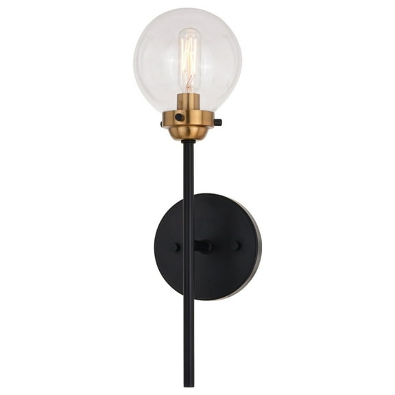 Vaxcel Orbit 1 Light Brass and Oil Rubbed Bronze Industrial MCM Wall Sconce Clear Glass Globe