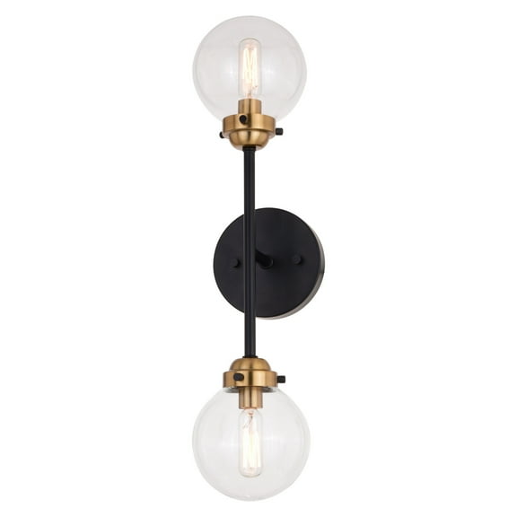 Vaxcel Orbit 2 Light Brass and Oil Rubbed Bronze Industrial MCM Wall Sconce Clear Glass Globe