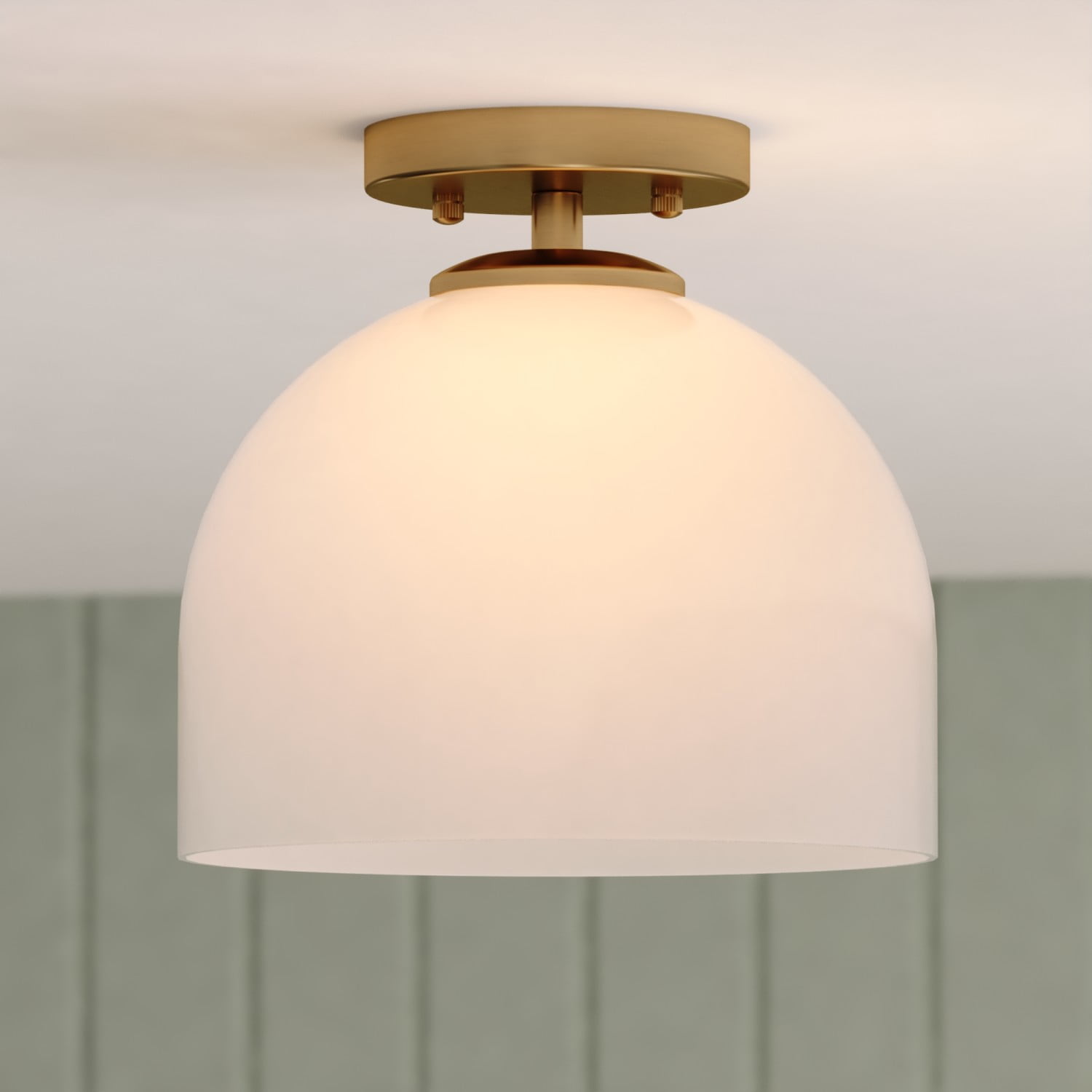 Shelby 9.25-Inch Brass and White Glass Semi-Flush Mount Light