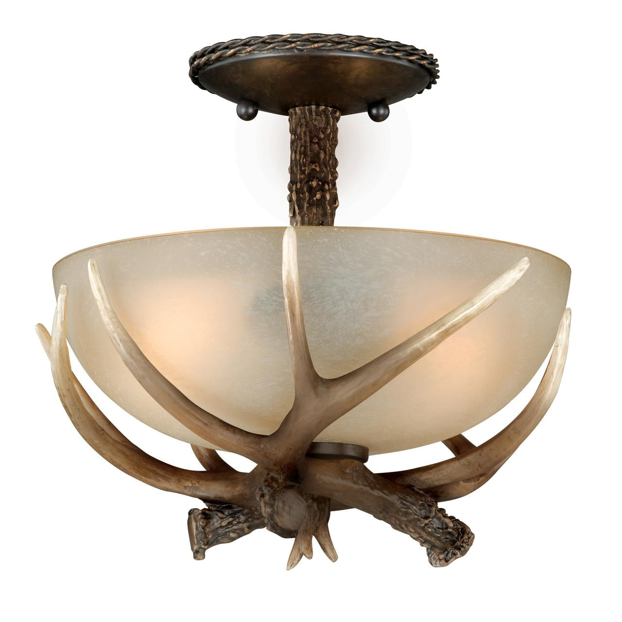 Rustic Antler 12" Black Walnut Semi-Flush Ceiling Light with Creme Glass