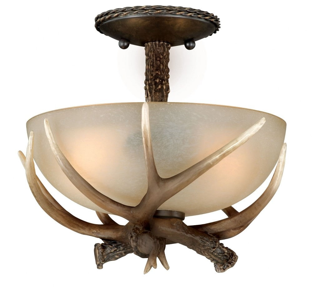 Rustic Antler 12" Black Walnut Semi-Flush Ceiling Light with Creme Glass