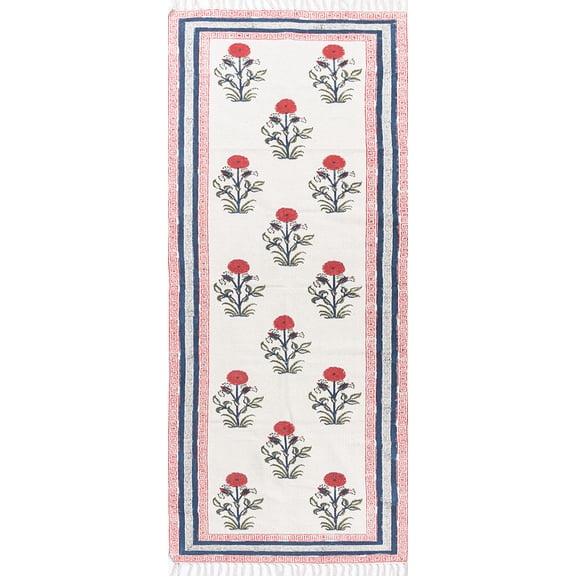 Vayan Red Cotton Block Printed Runner Area Rug For Hallway Stair Home Decor Kilim, Orange 2.5x4 feet