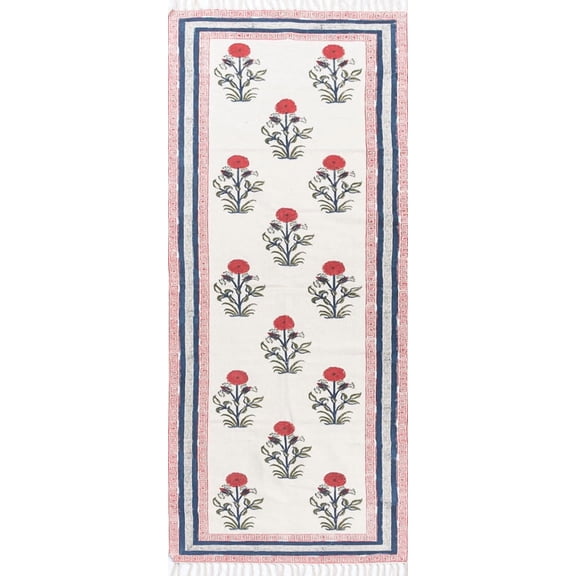 Vayan Red Cotton Block Printed Runner Area Rug For Hallway Stair Home Decor Kilim, Orange 2.5x4 feet