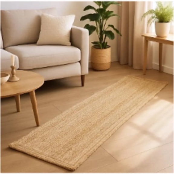 Vayan Solid Beige Jute Runner Rug – Natural Handwoven Floor Rug for Living Room & Bedroom