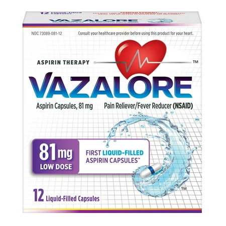 Vazalore Aspirin 81 mg, Adult aspirin, Liquid-Filled Capsules, Low Dose Aspirin Therapy, 12 ct