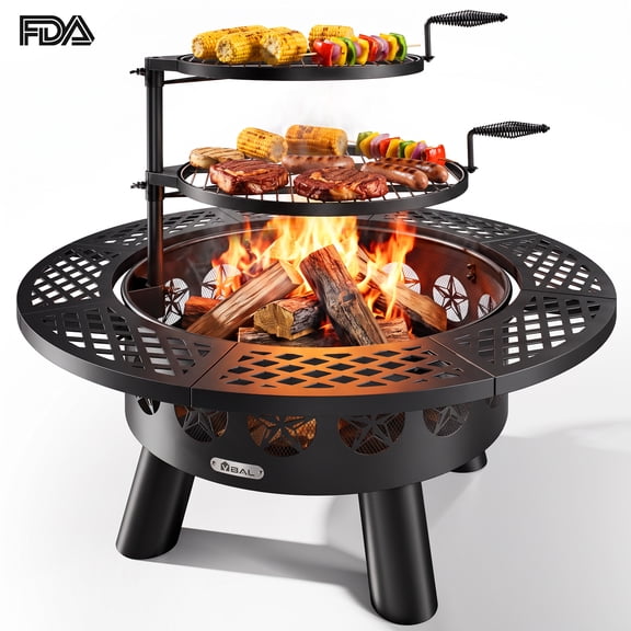 VBAL 36" Outdoor Wood Burning Fire Pit Table with 2 Adjustable Grills,Tabletop Lid and Protective Cover,Black