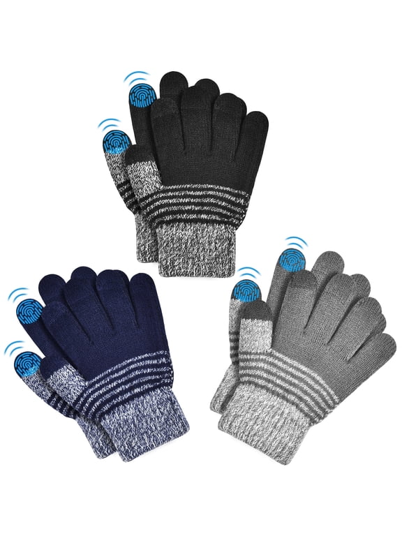 3 Pairs Kids Winter Gloves Touchscreen Warm Knitted Gloves Outdoor Sports Children Cold Weather Gloves for Boys Girls Toddler - 4-6 Years Old