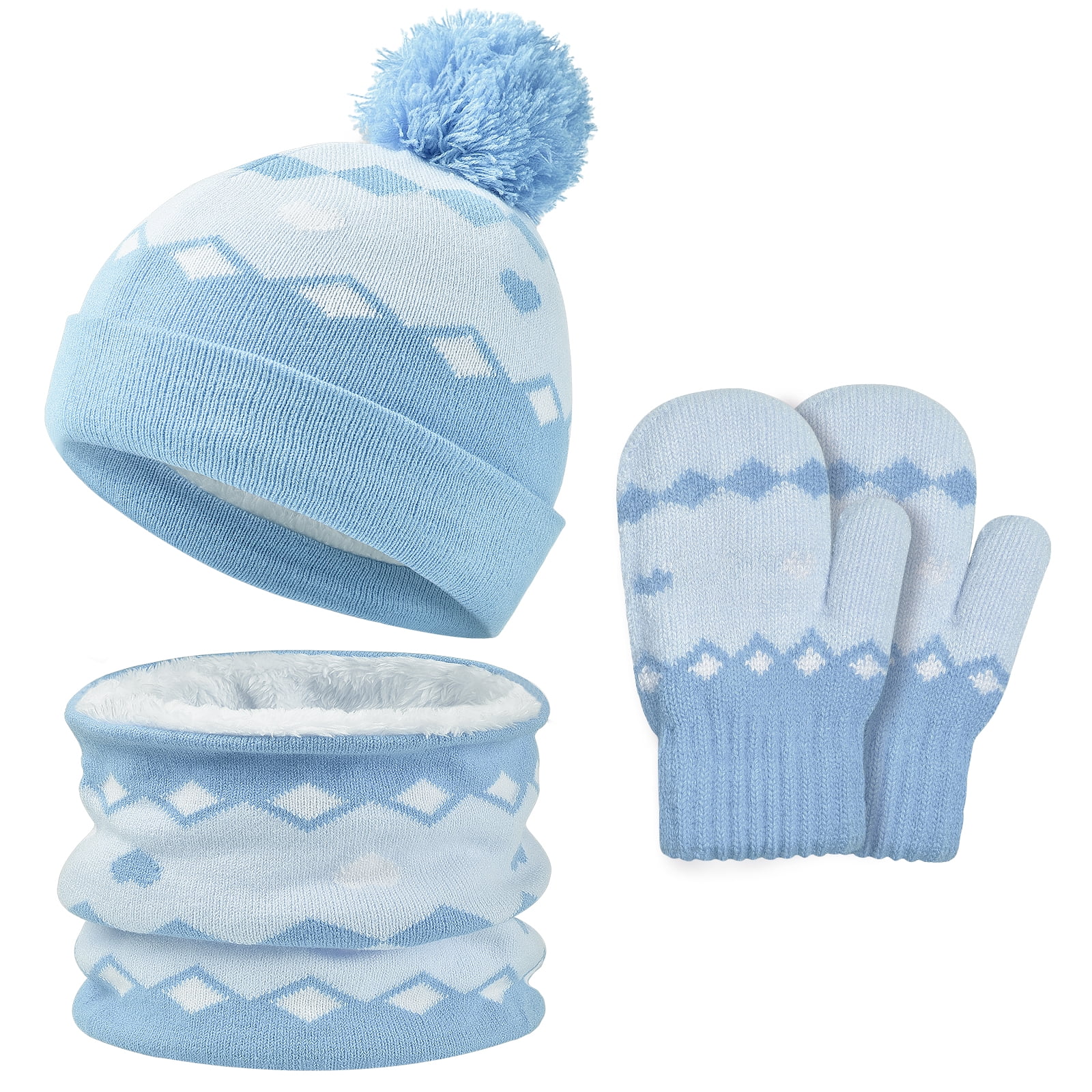 Vbiger 3pcs Kids Winter Hat Gloves Scarf Set, Girls Jacquard Style Fleece  Lined Set, Blue