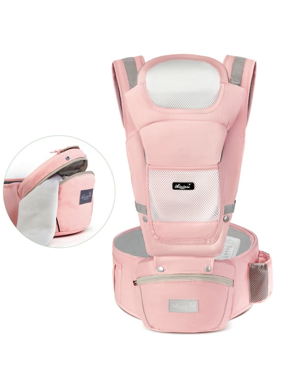 Vbiger Baby Carrier 6-in-1 with Hip Seat, Head Support and Breathable Mesh, Adjustable Removable Soft Ergonomic Baby Sling Carrier, Pink