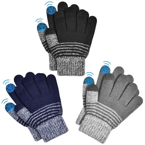 Vbiger 3 Pair/Set Kids Winter Gloves Thickened Touch Screen Gloves Cold Weather Gloves with Reflective Designs- Ideal Gift, 10-12 Years
