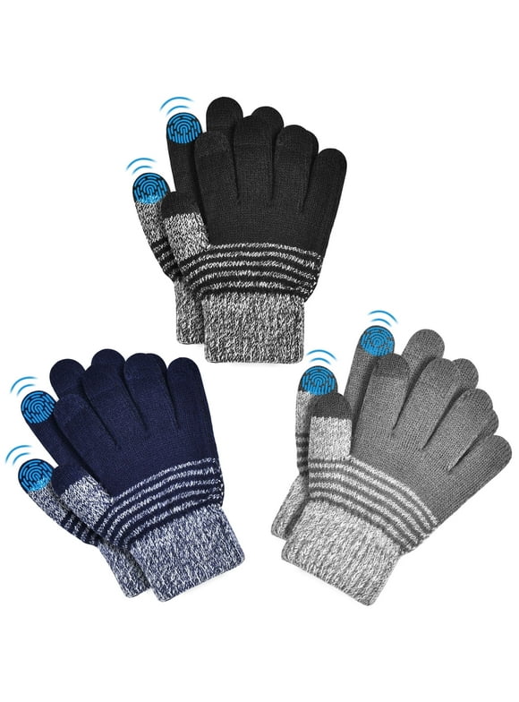 3 Pair/Set Kids Winter Gloves Thickened Touch Screen Gloves Cold Weather Gloves with Reflective Designs- Ideal Gift, 10-12 Years Black
