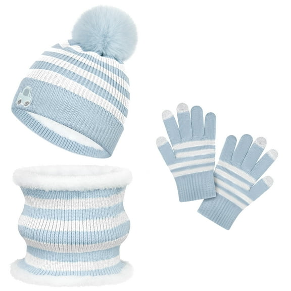 Vbiger Kids Winter Hat Gloves Scarf Set for Girls Boys, with Pom Knit Neck Warmer Mittens Fleece Lined Set - Blue