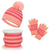 VIBGER Kids Winter Hat Winter Scarf Winter Gloves Set, Knit Beanie Hat Scarf Gloves Set for Boys Girls, Winter Warm Knitted Set with Fleece Lining 3 Pieces for Autumn, Winter, Pink