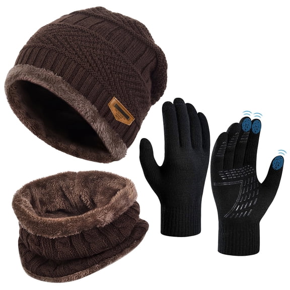 Vbiger 3 PCS Winter Set for Men Women, Beanie Hat Scarf Set with Gloves Touch Screen Cold Weather Warm Set for Valentine's Day, Brown