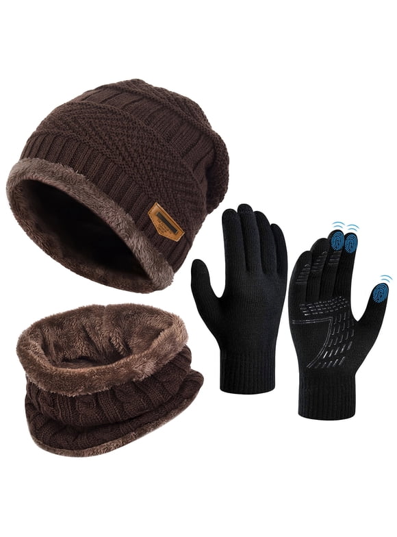 3 PCS Winter Set for Men Women, Beanie Hat Scarf Set with Gloves Touch Screen Cold Weather Warm Set for Valentine's Day, Brown