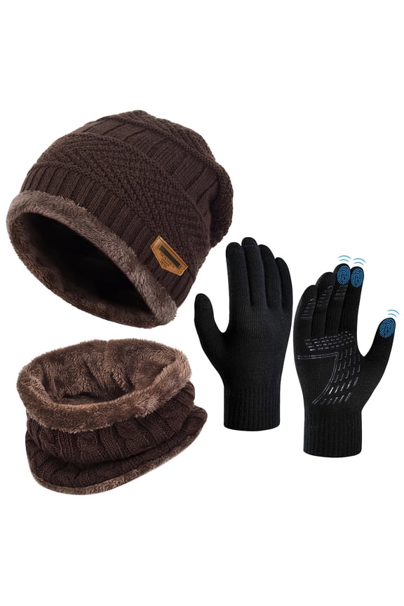 3 PCS Winter Set for Men Women, Beanie Hat Scarf Set with Gloves Touch Screen Cold Weather Warm Set for Valentine's Day, Brown