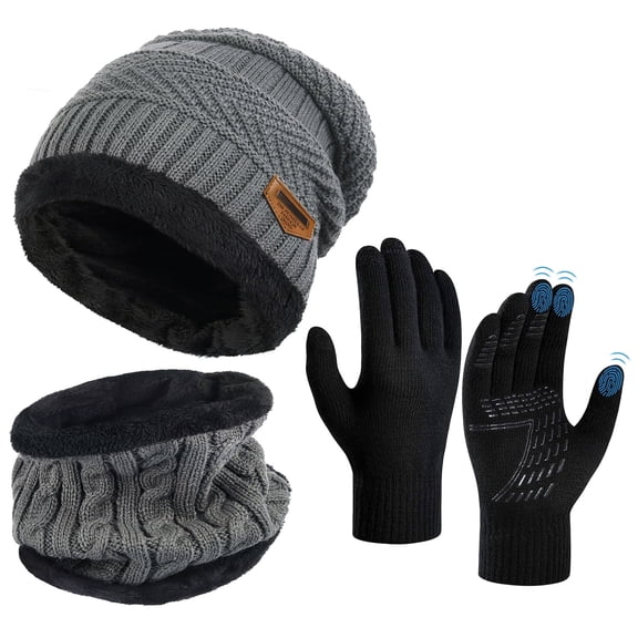 Vbiger 3pcs Winter Set for Adult, Beanie Hat Scarf Set with Gloves Touch Screen Cold Weather Warm Set for Valentine's Day,Gray