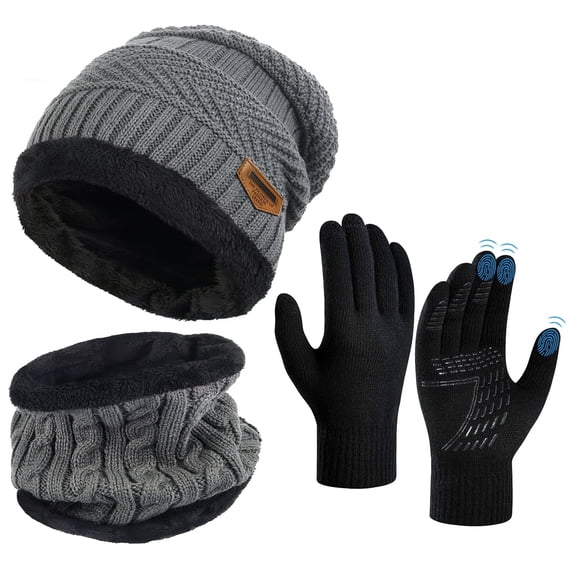 Vbiger 3pcs Winter Set for Adult, Beanie Hat Scarf Set with Gloves Touch Screen Cold Weather Warm Set for Valentine's Day,Gray