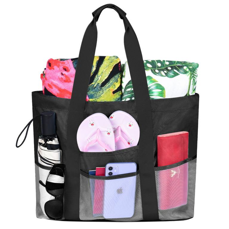 Vbiger Mesh Beach Bag: M Lightweight Oversized Tote Shoulder Bag with 8  External Pockets for Gym Beach Travel Shopping Picnic - Black 