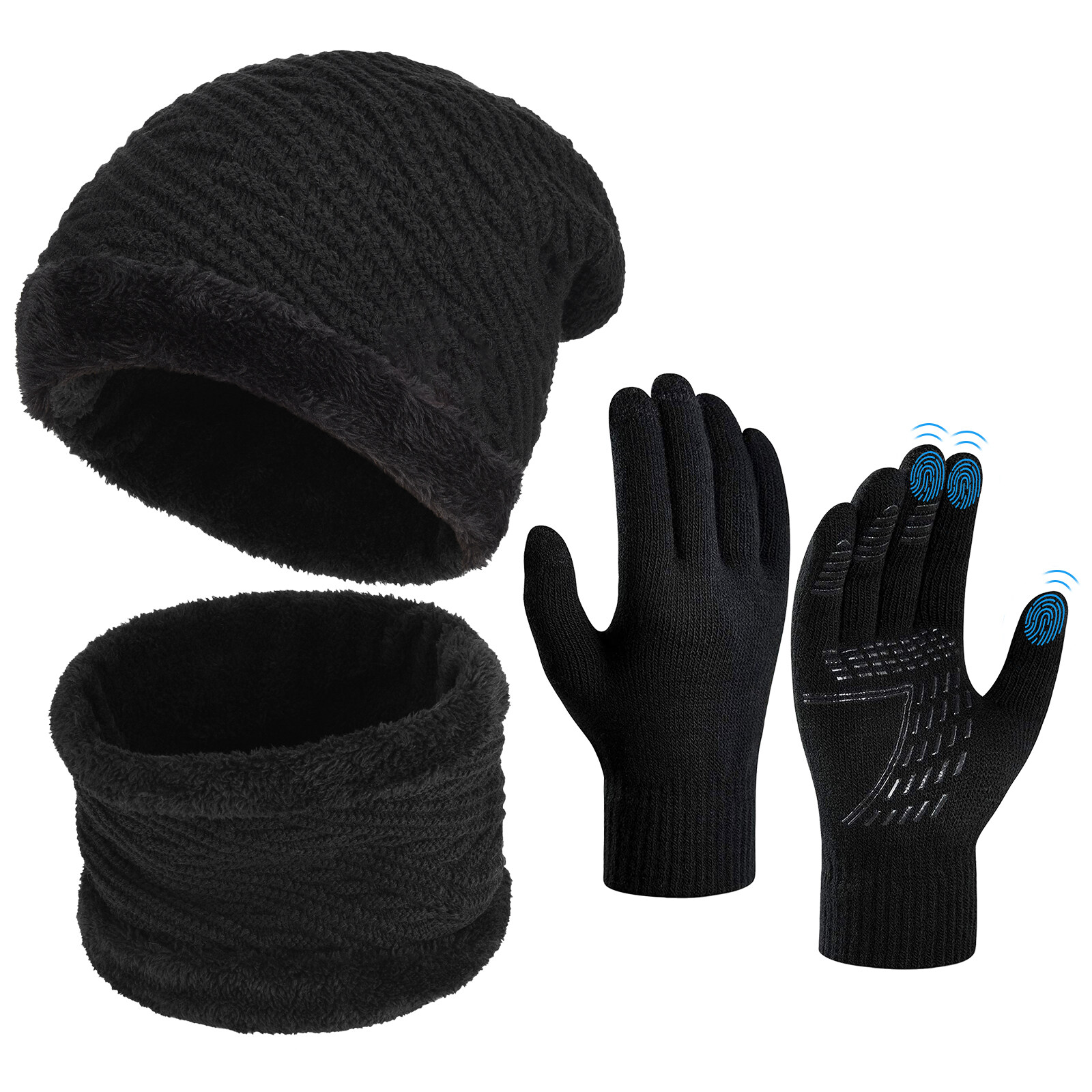 Vbiger Winter Beanie Hat Scarf Set - Knit Wool Neck Warmer Skull Cap with Touch Screen Cold Weather Gloves 3 PCS Soft Fleece for Men Black - image 1 of 6