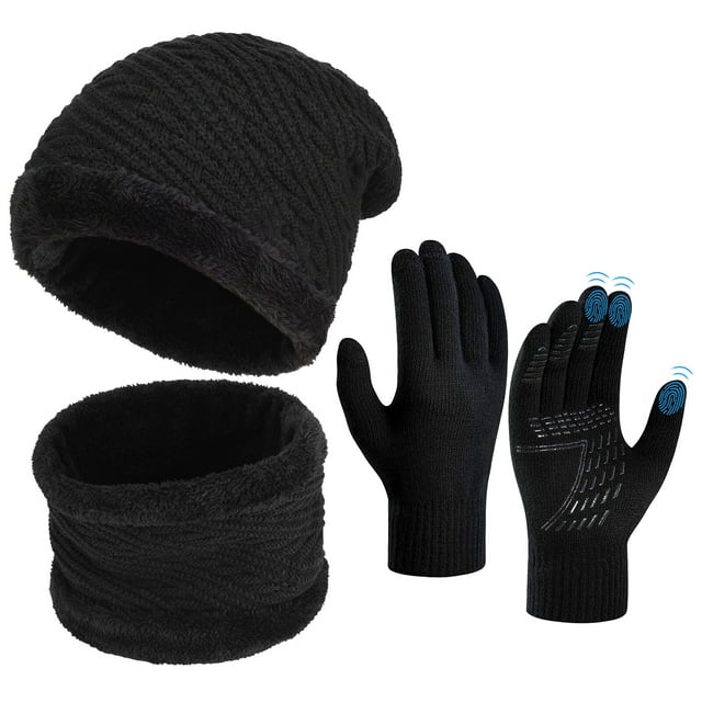 Vbiger Winter Beanie Hat Scarf Set - Knit Wool Neck Warmer Skull Cap with Touch Screen Cold Weather Gloves 3 PCS Soft Fleece for Men Black