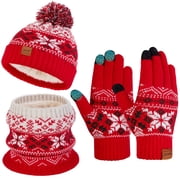 Vbiger Youth Winter Knit Beanie Hat, Scarf & Touch Screen Mittens Set with Fleece Lining, Snowflake Pattern, Red