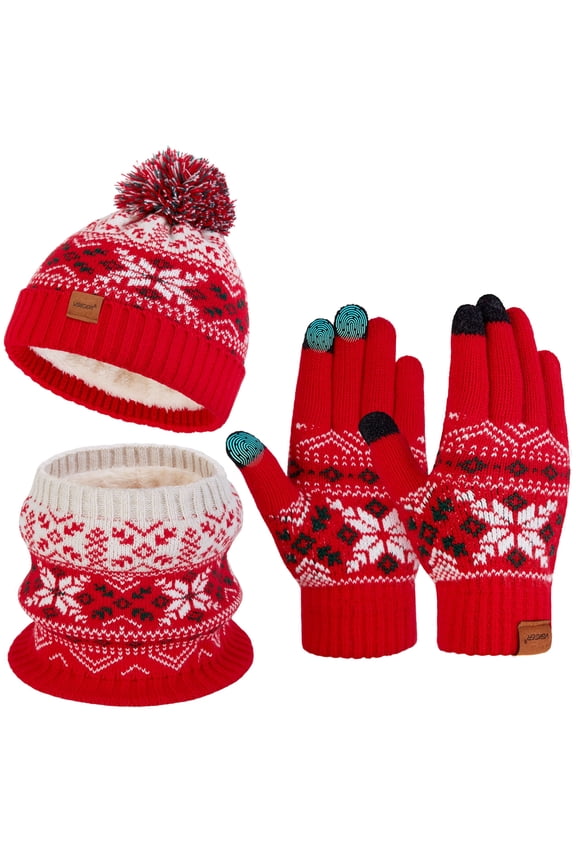 Winter Gloves Hat Scarf Set for Girls & Boy 5-10 Years, 3Pcs Warm Ski Knit Beanie Hat Scarf Touch Screen Mittens with Fleece Lined, Red