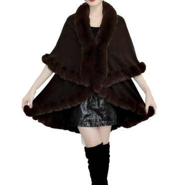 Vblhal Warm Winter Faux Fur Shawl Wrap for Women, Hooded Cape and Stole Shrug Style, Open Front Cardigan Ponchos, Comfy Fuzzy Hood Shawl
