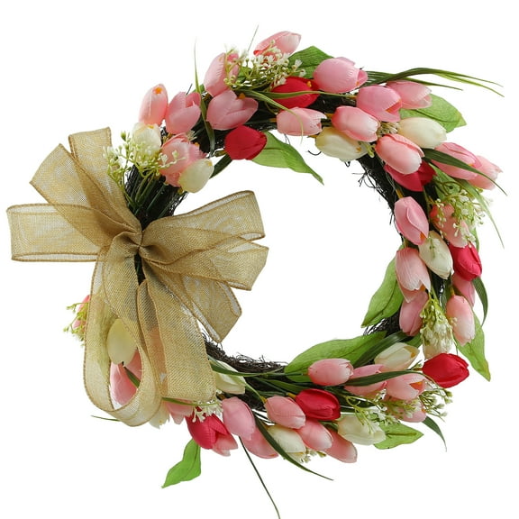 Vbruky Artificial Tulip Wreath, 18" Hanging Fake Artificial Garland Floral Twig for Front Door Window Wall Indoor Home Party Wedding Decor