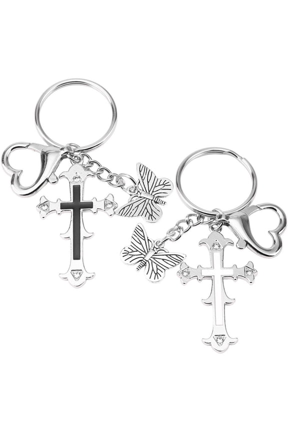 2Pcs Y2K Cross Butterfly Heart Alloy Keychains Punk Bag Pendant for Backpack